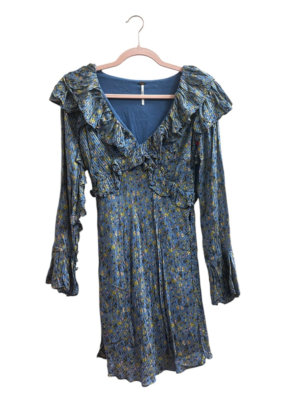 Free People Blue Floral Ruffle V-Neck Mini Dress